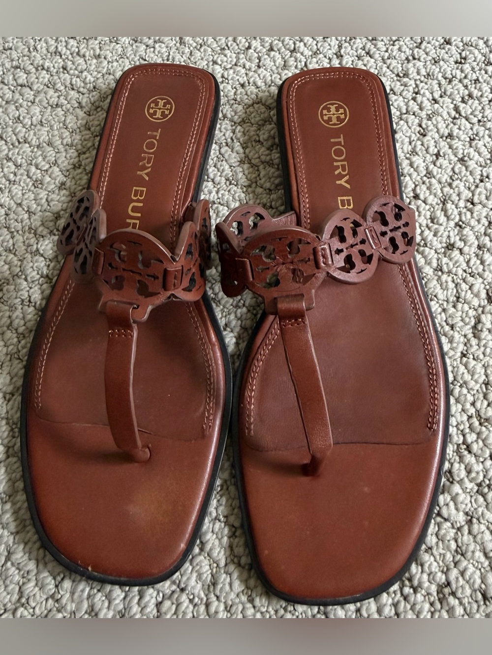 Tory Burch Chestnut Leather Cutout Logo Sandals